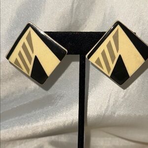 Vintage 80s Glazed Ceramic Geometric Black and Cream Earrings Post Backs